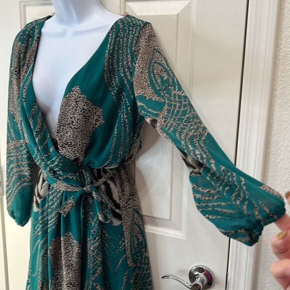 Auditions Fashion Dress V Neck Hunter Green Black Tan Animal Print Mini Belt Inc - Picture 4 of 10